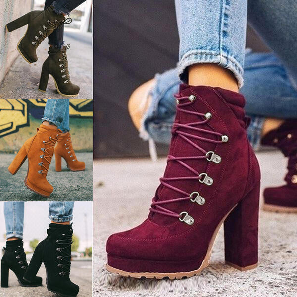 Heeled Boots for Women – Round Toe Lace-Up High Heel Boots, Mid-Calf Shoes | Glamour in Motion