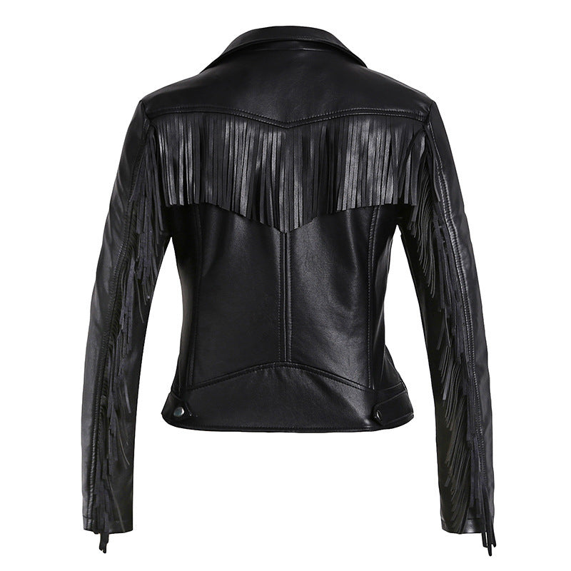 European & American Tassel Oblique Zipper Leather Women's Slim Coat – Motorcycle Street Style Jacket