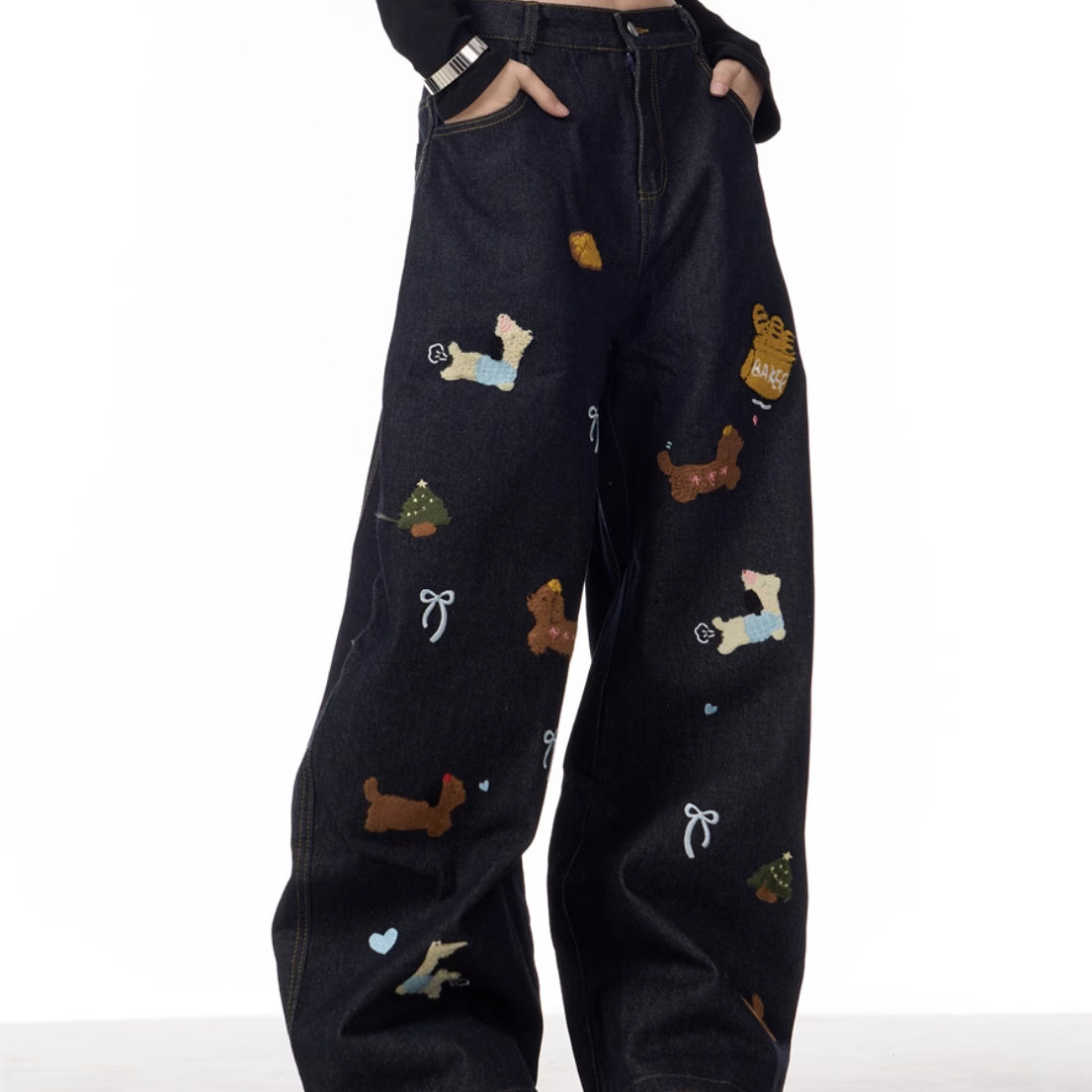 Sausage Dog Patchwork Jeans Women's Loose Casual Wide-leg Pants