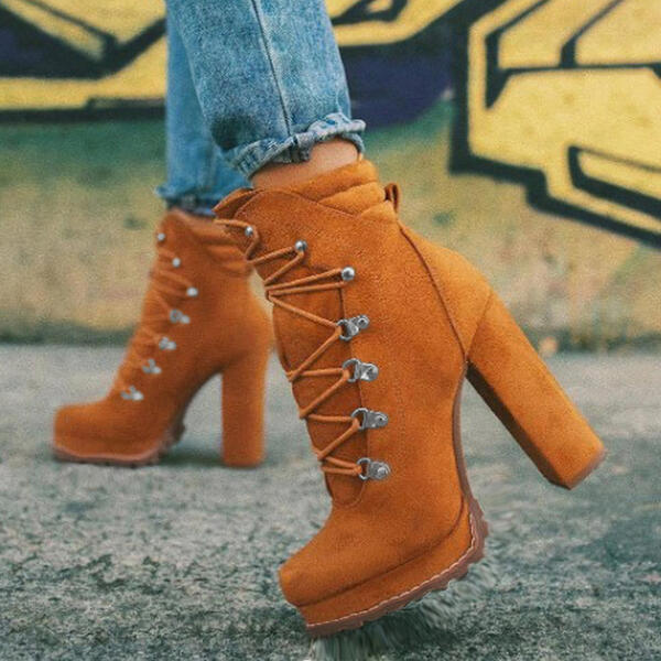 Heeled Boots for Women – Round Toe Lace-Up High Heel Boots, Mid-Calf Shoes | Glamour in Motion