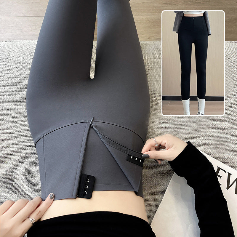 Belly-controlling Butt Lifting Leggings With Three-breasted Design Winter High Waist Slim Zippere Pants Warm Velvet And Thickened Trousers Women Clothing