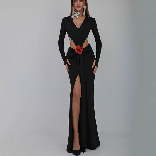 Sexy V-Neck Backless Long-Sleeve Fishtail Gown with Floral Waist Accent