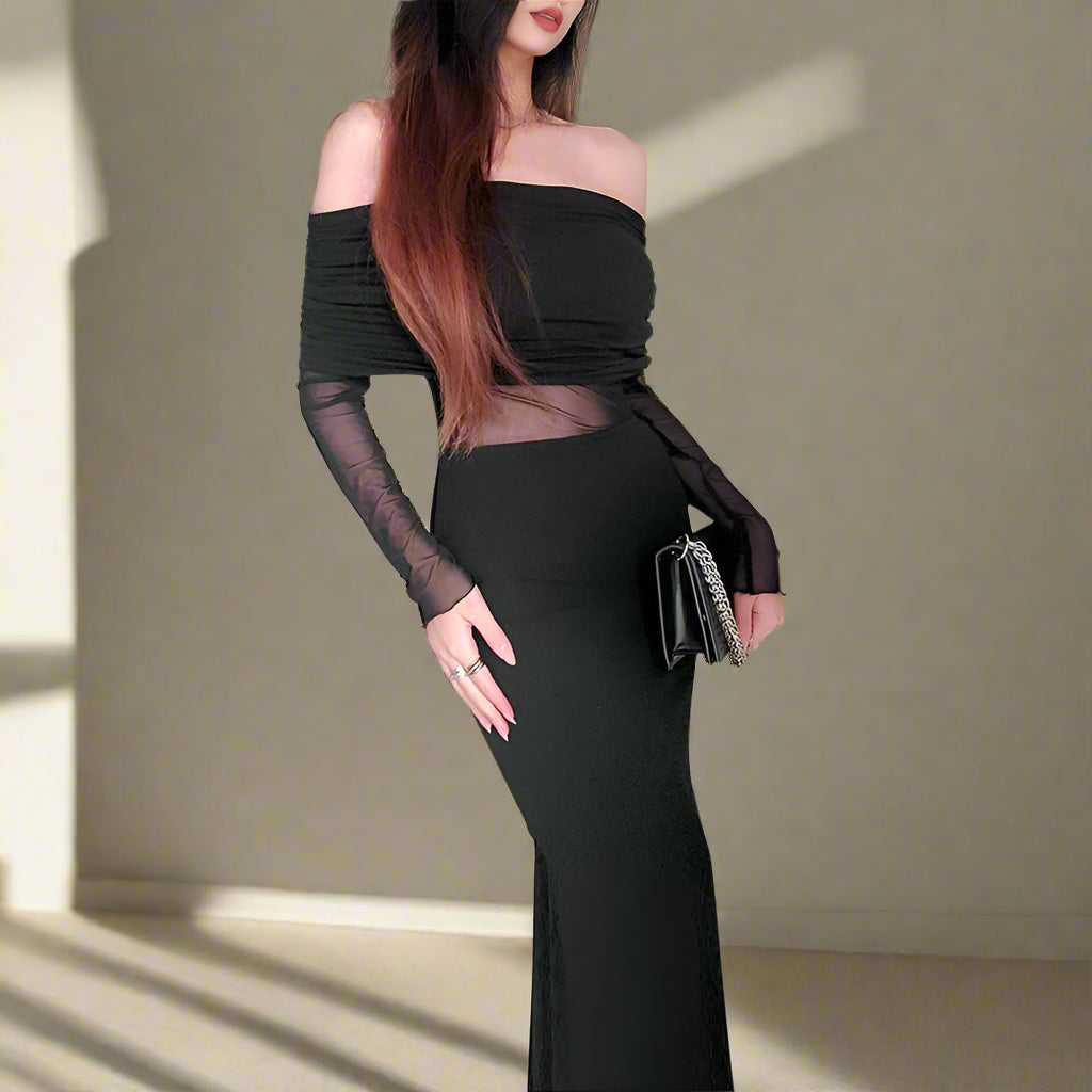 Sexy Off-the-Shoulder Pleated Long Sleeve Winter Dress.