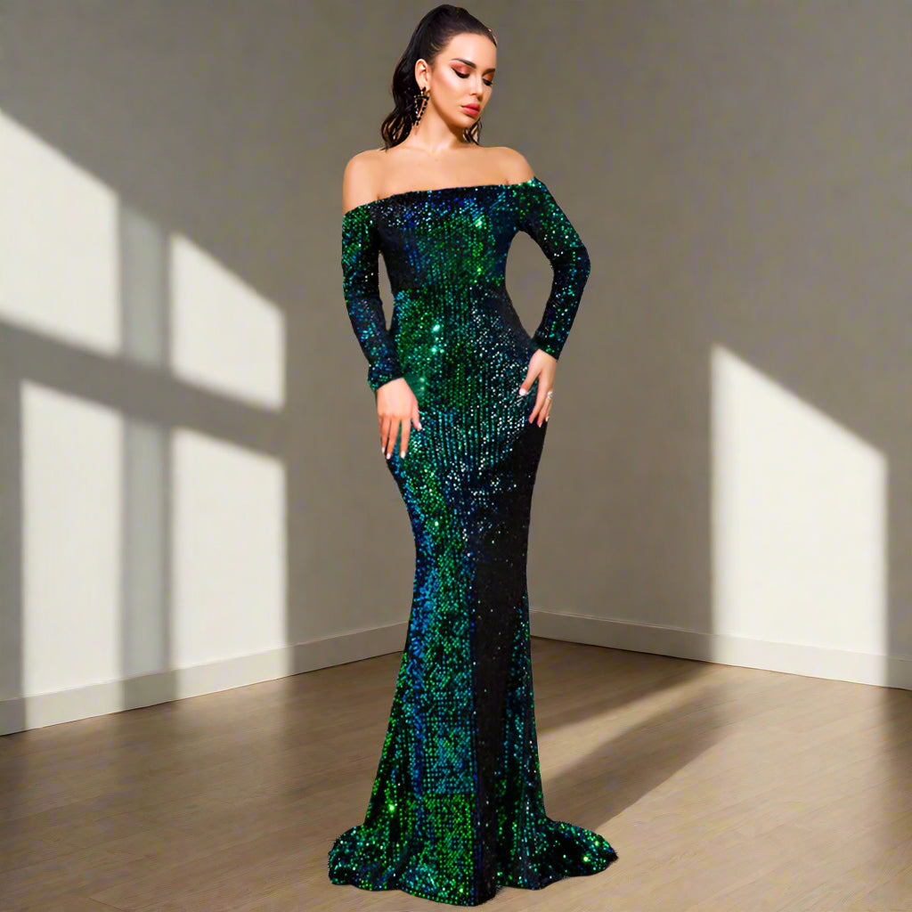 Radiant Allure: Strapless Long Sleeve Sequin Evening Party Dress