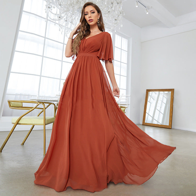 Half Sleeve Sweetheart V-Neck Chiffon Dress - Effortless Casual Elegance