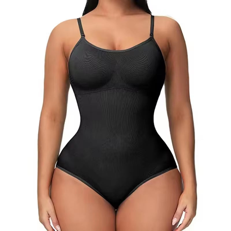 V-Neck Spaghetti Strap Compression Bodysuit with Open Crotch Shapewear for a Smooth Silhouette