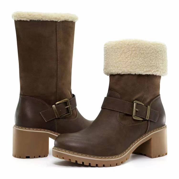 Fashion Buckle Chunky Heel Winter Boots – Warm Round Toe Western Boots for Women