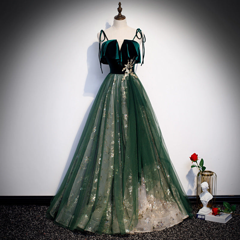 Enchanting Dark Green Mori-Style Banquet Sling Dress