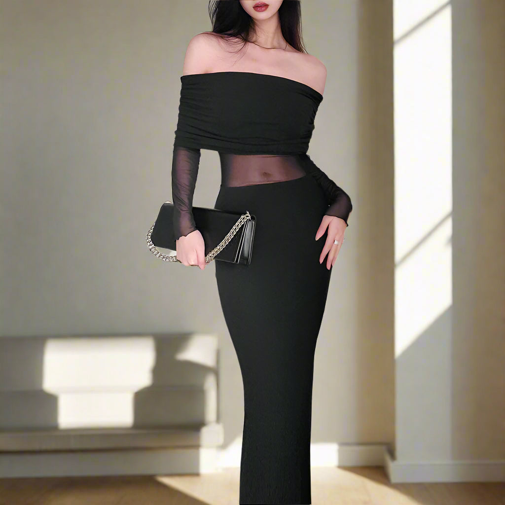 Sexy Off-the-Shoulder Pleated Long Sleeve Winter Dress.