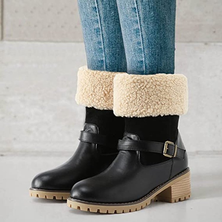 Fashion Buckle Chunky Heel Winter Boots – Warm Round Toe Western Boots for Women