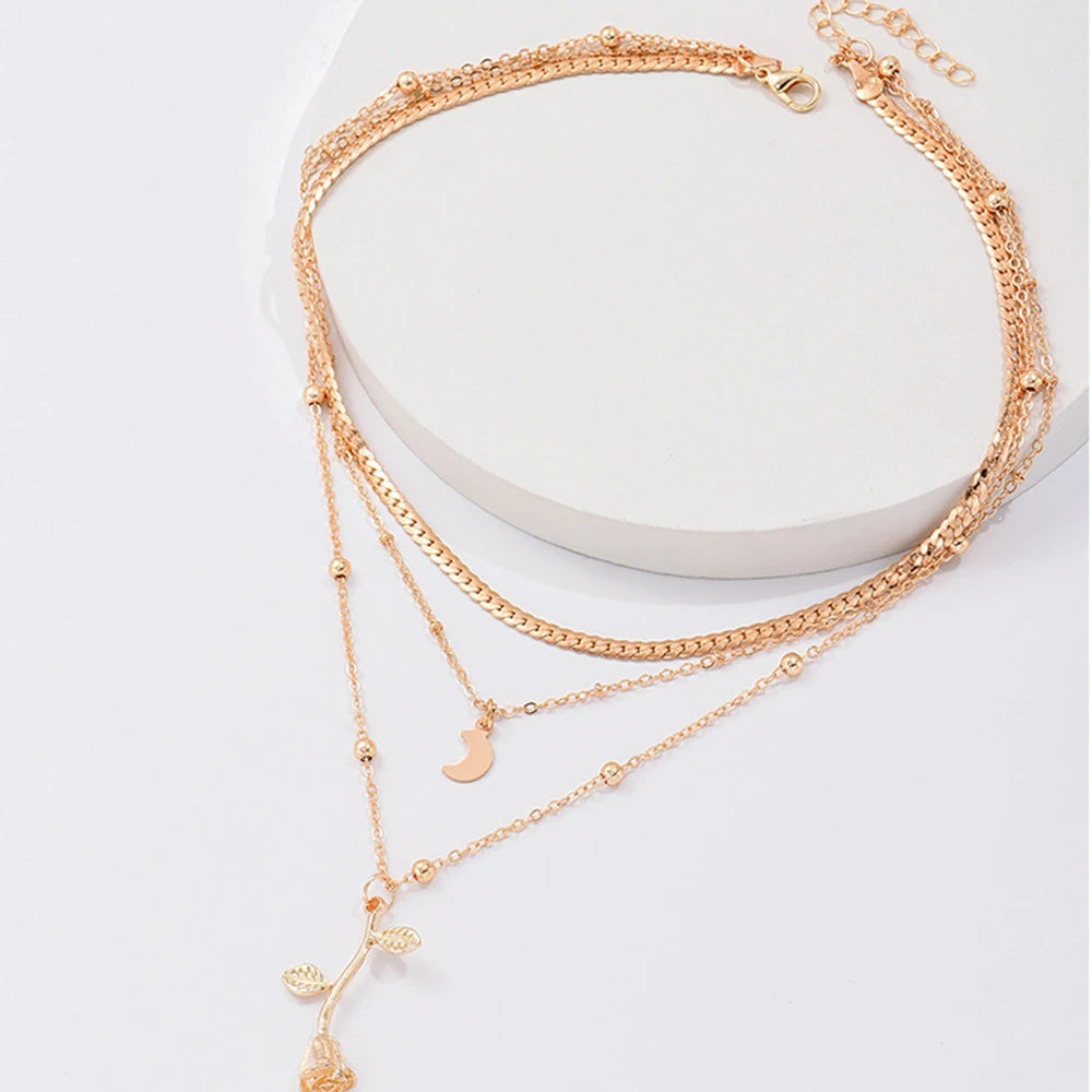 Bohemia Multilayer Moon & Rose Gold Pendant Necklace.