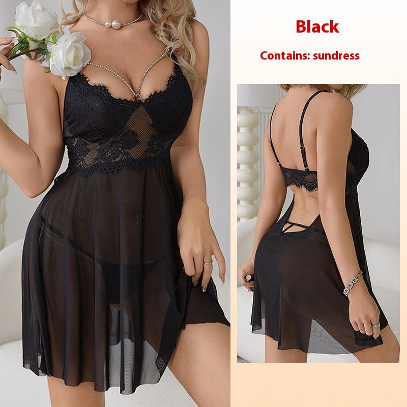 Seductive Lace Strap Hollow-Out See-Through Mesh Nightdress - Sexy Lingerie for Women"