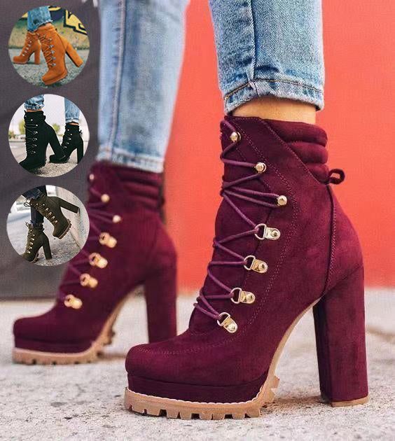 Heeled Boots for Women – Round Toe Lace-Up High Heel Boots, Mid-Calf Shoes | Glamour in Motion