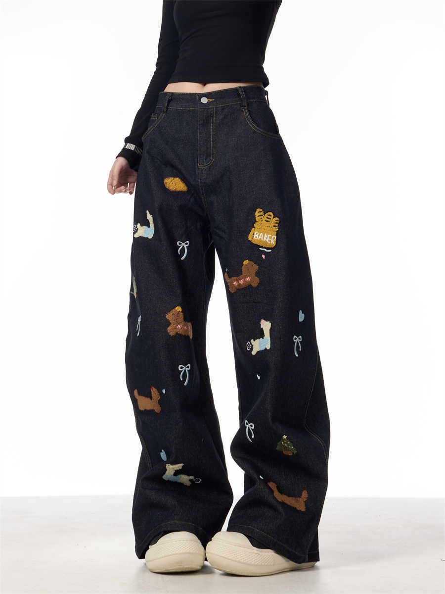 Sausage Dog Patchwork Jeans Women's Loose Casual Wide-leg Pants