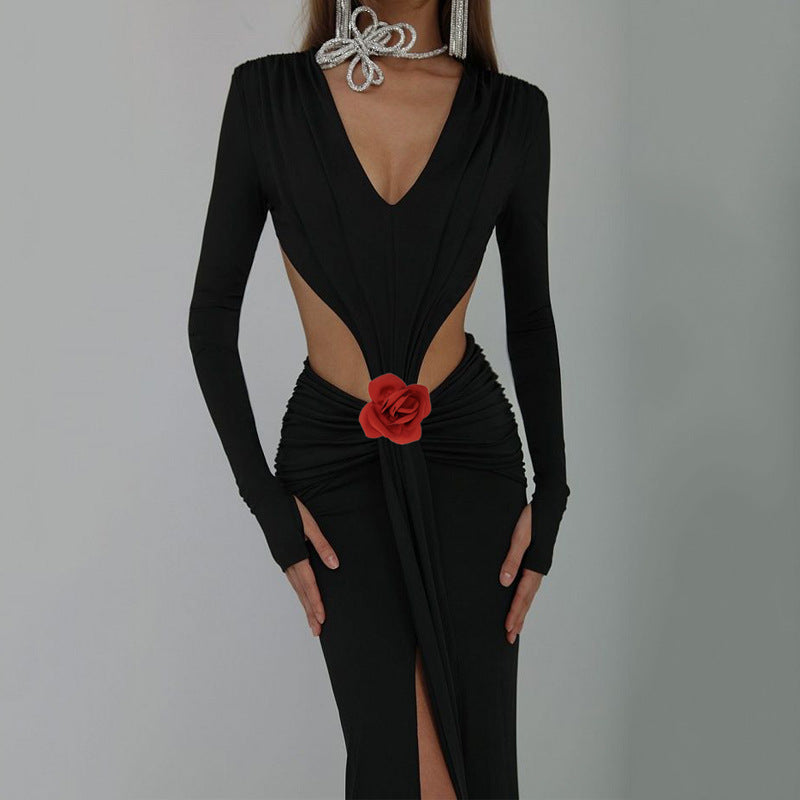 Sexy V-Neck Backless Long-Sleeve Fishtail Gown with Floral Waist Accent