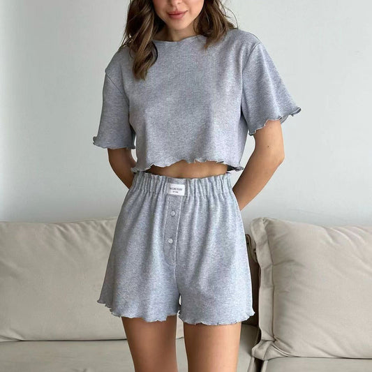 Women's Knitted Stretch Short-sleeved Shorts Suit Two Pieces Homewear