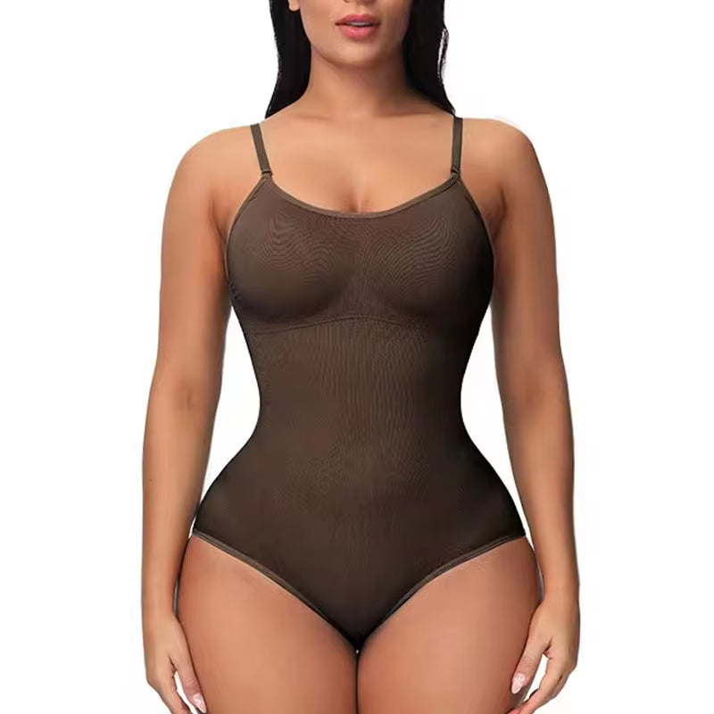 V-Neck Spaghetti Strap Compression Bodysuit with Open Crotch Shapewear for a Smooth Silhouette