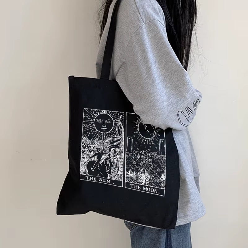 "Harajuku Vintage Sun Myth Canvas Shoulder Bag - Large Capacity Tote"