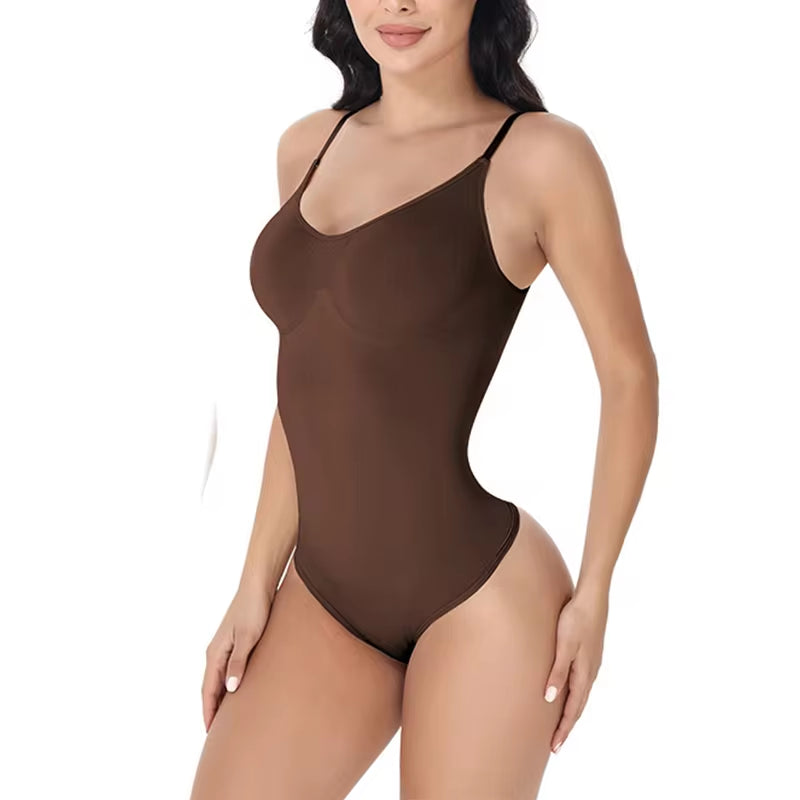 V-Neck Spaghetti Strap Compression Bodysuit with Open Crotch Shapewear for a Smooth Silhouette