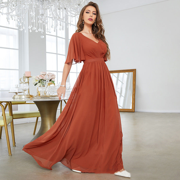 Half Sleeve Sweetheart V-Neck Chiffon Dress - Effortless Casual Elegance