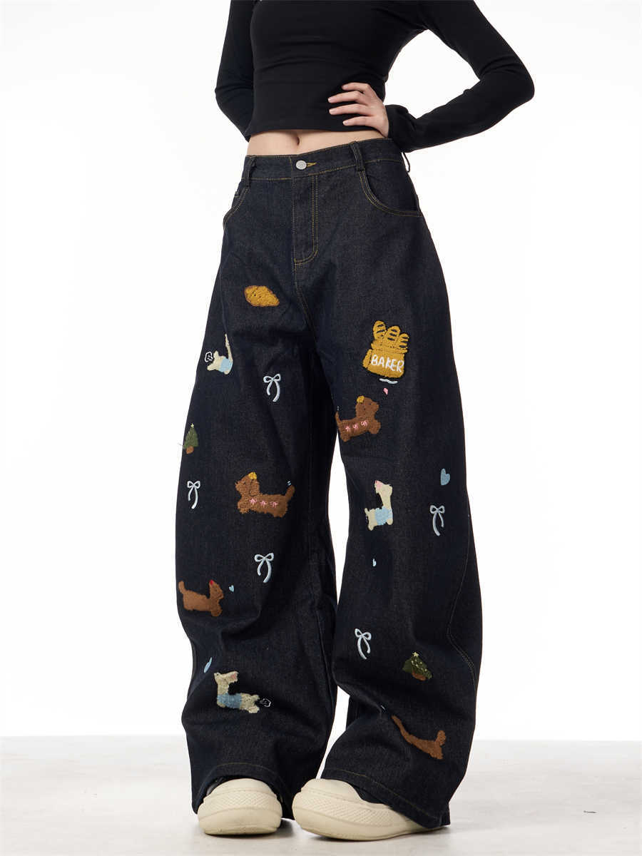 Sausage Dog Patchwork Jeans Women's Loose Casual Wide-leg Pants