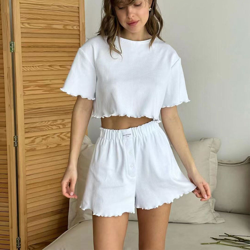 Women's Knitted Stretch Short-sleeved Shorts Suit Two Pieces Homewear