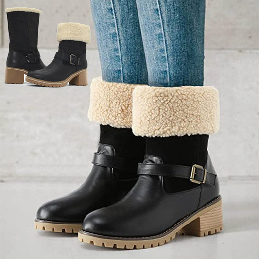 Fashion Buckle Chunky Heel Winter Boots – Warm Round Toe Western Boots for Women