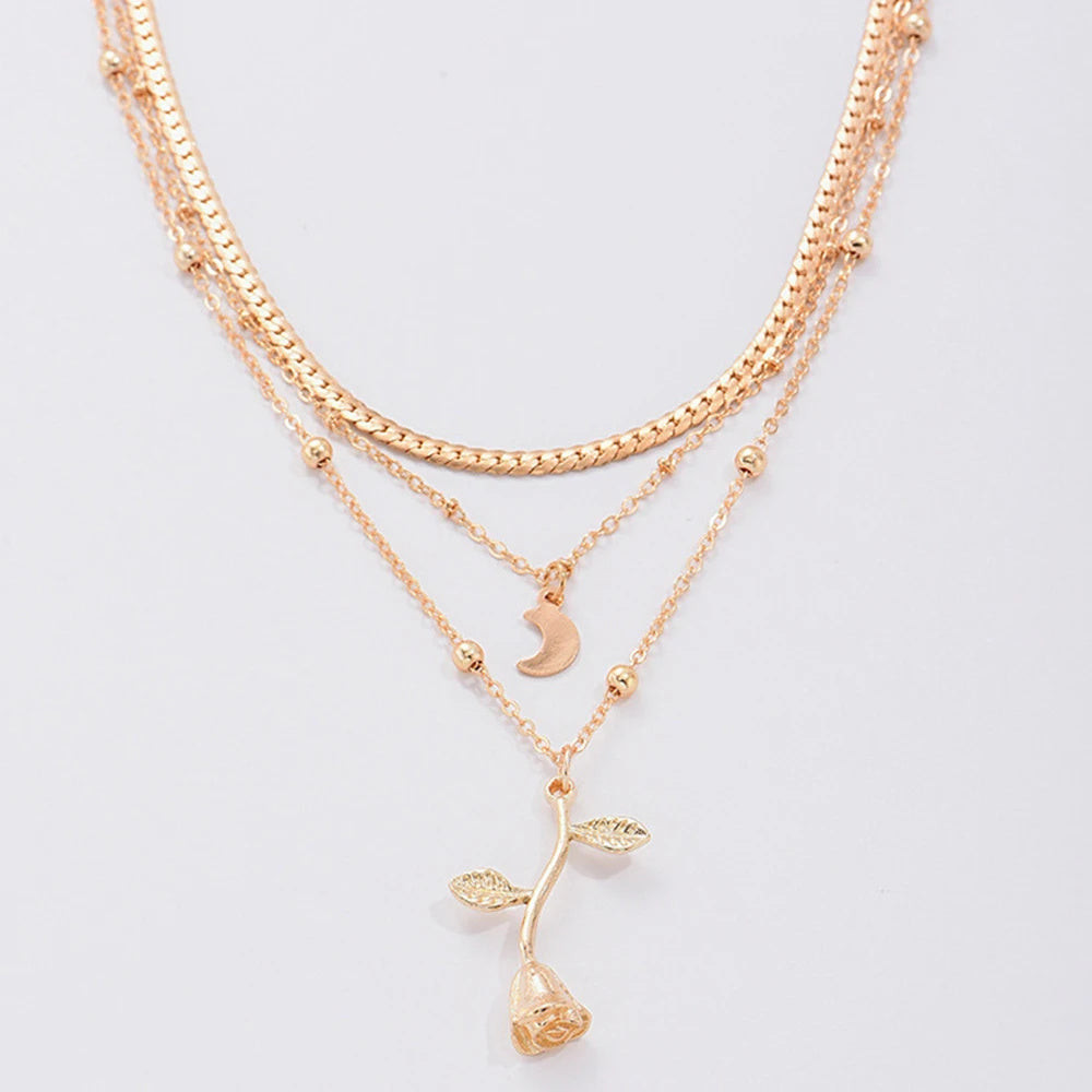 Bohemia Multilayer Moon & Rose Gold Pendant Necklace.