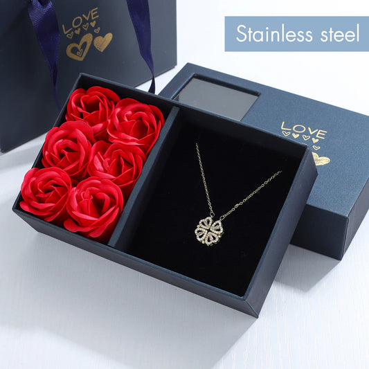 "Four-Leaf Clover Heart Necklace with Rose Gift Box"