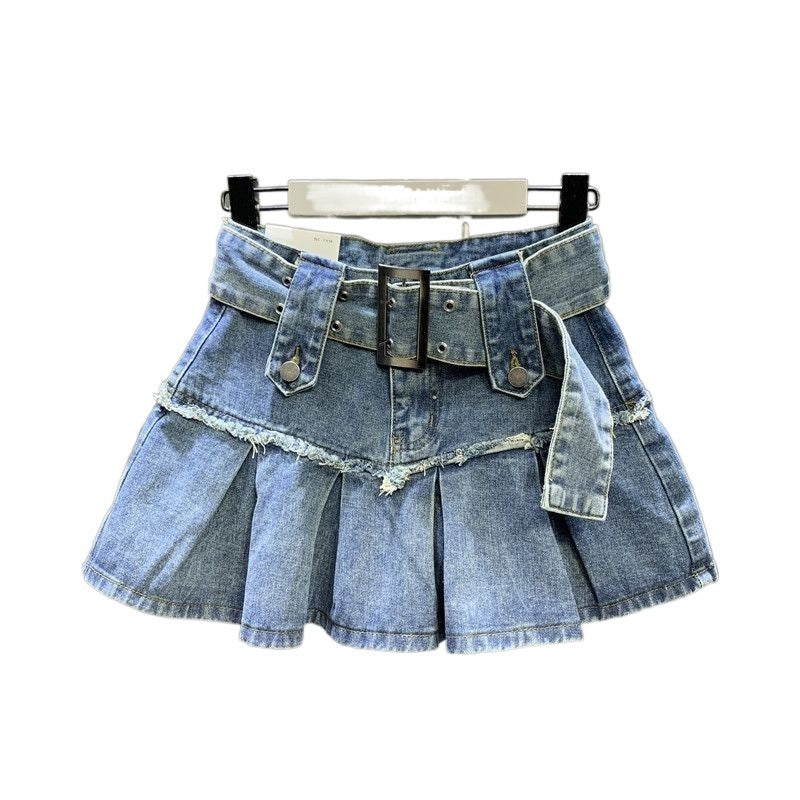 Retro Light Blue Pleated Denim A-Line Skirt - Sweet & Slim Fit