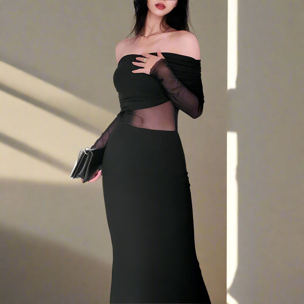 Sexy Off-the-Shoulder Pleated Long Sleeve Winter Dress.