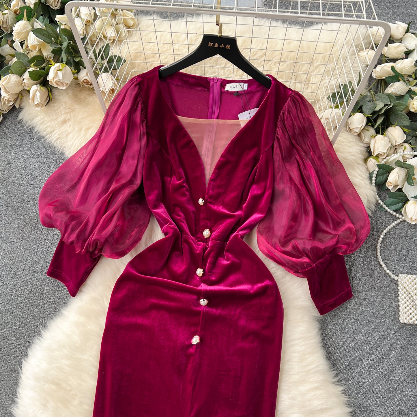 Vintage Velvet Lantern Sleeve Mid-Length Court Style Dress