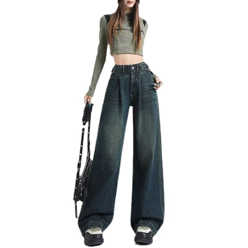 American Retro Distressed Belt Buckle High Waist Slimming Wide Leg Pants