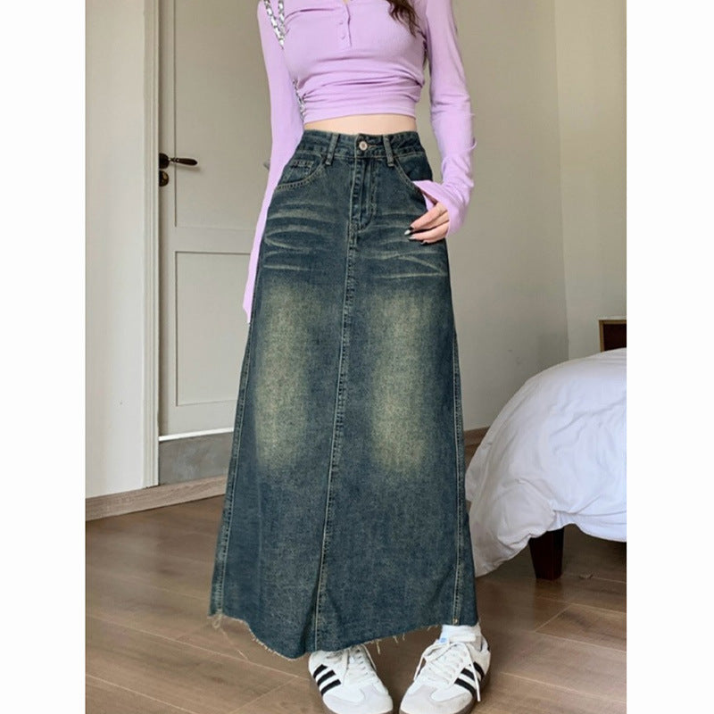 Retro High Waist Raw Hem Denim Skirt