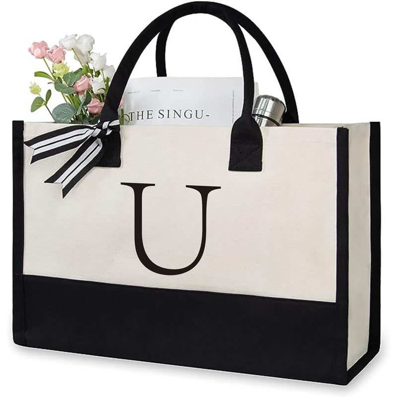 Trendy Letter Print Canvas Tote Bag – Stylish & Eco-Friendly Everyday Shoulder Bag.