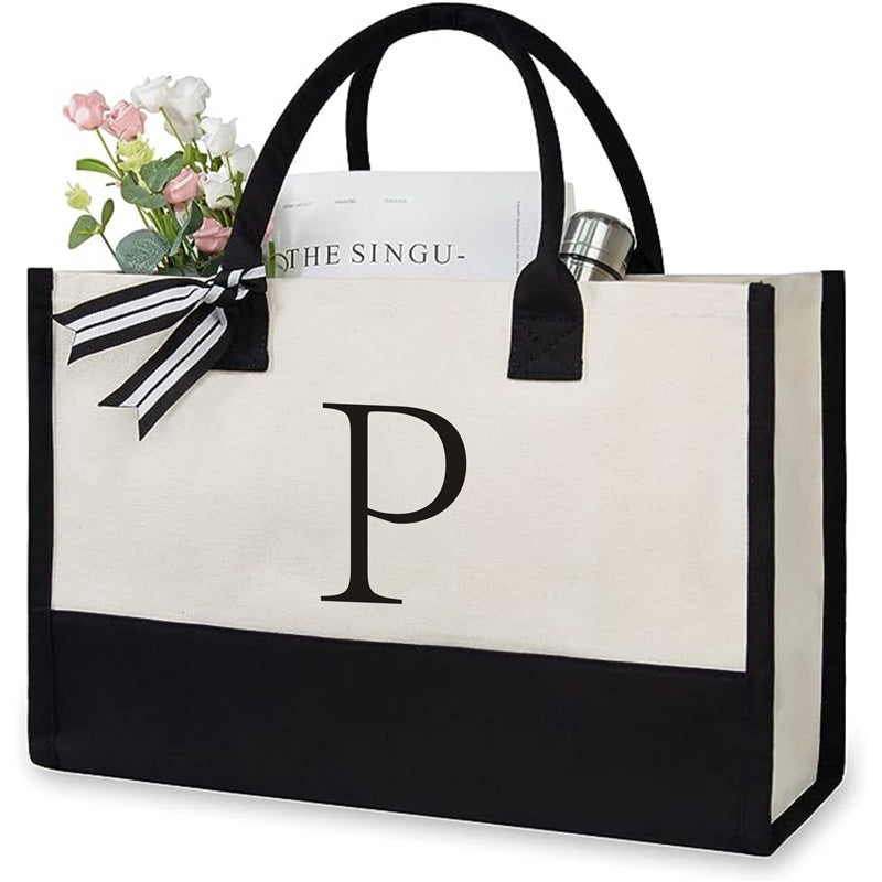 Trendy Letter Print Canvas Tote Bag – Stylish & Eco-Friendly Everyday Shoulder Bag.