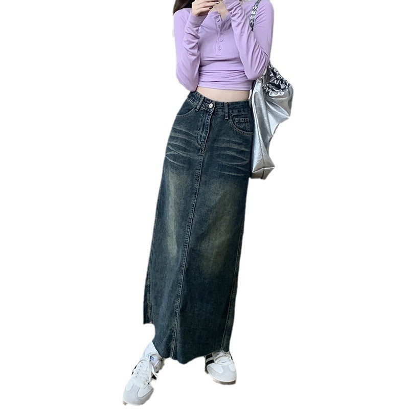 Retro High Waist Raw Hem Denim Skirt