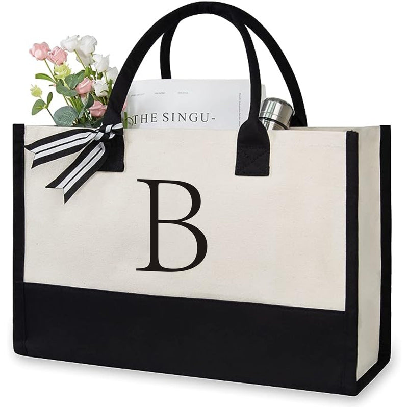 Trendy Letter Print Canvas Tote Bag – Stylish & Eco-Friendly Everyday Shoulder Bag.