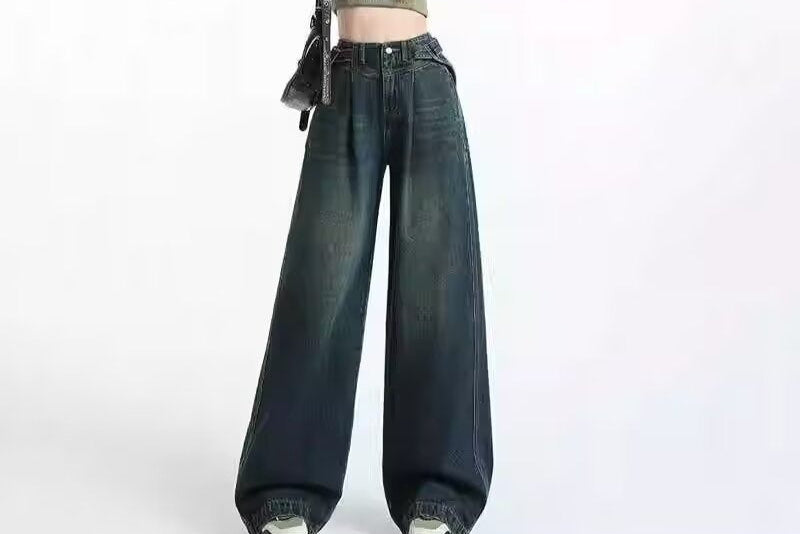 American Retro Distressed Belt Buckle High Waist Slimming Wide Leg Pants