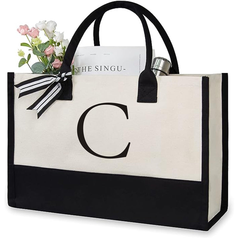 Trendy Letter Print Canvas Tote Bag – Stylish & Eco-Friendly Everyday Shoulder Bag.