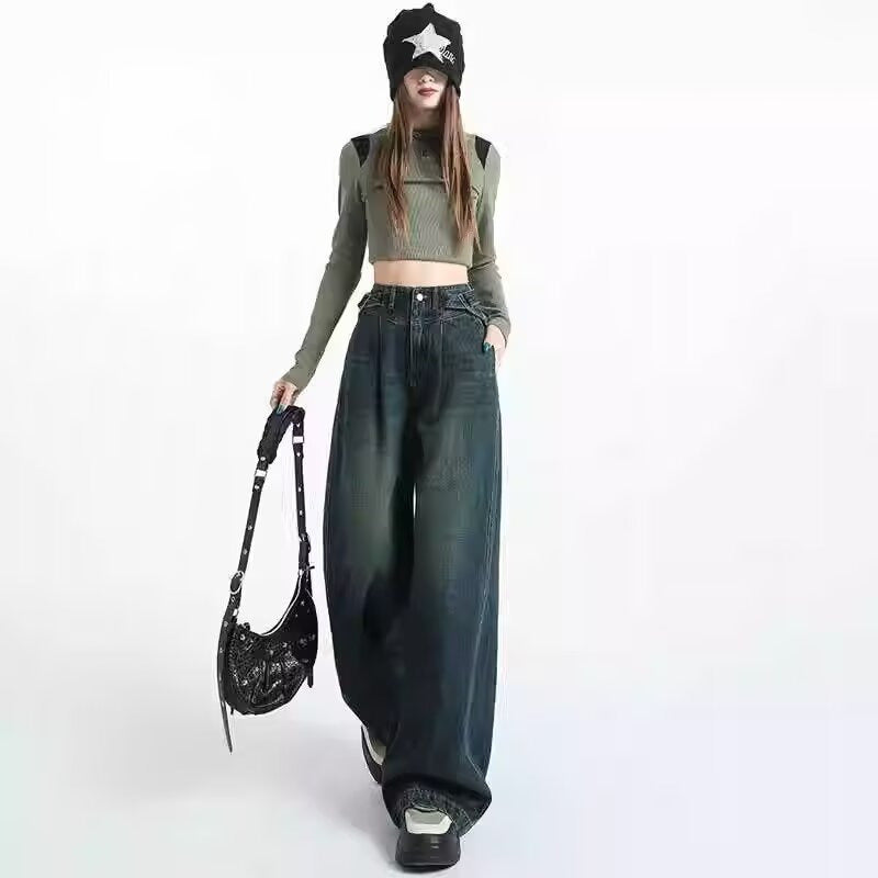 American Retro Distressed Belt Buckle High Waist Slimming Wide Leg Pants