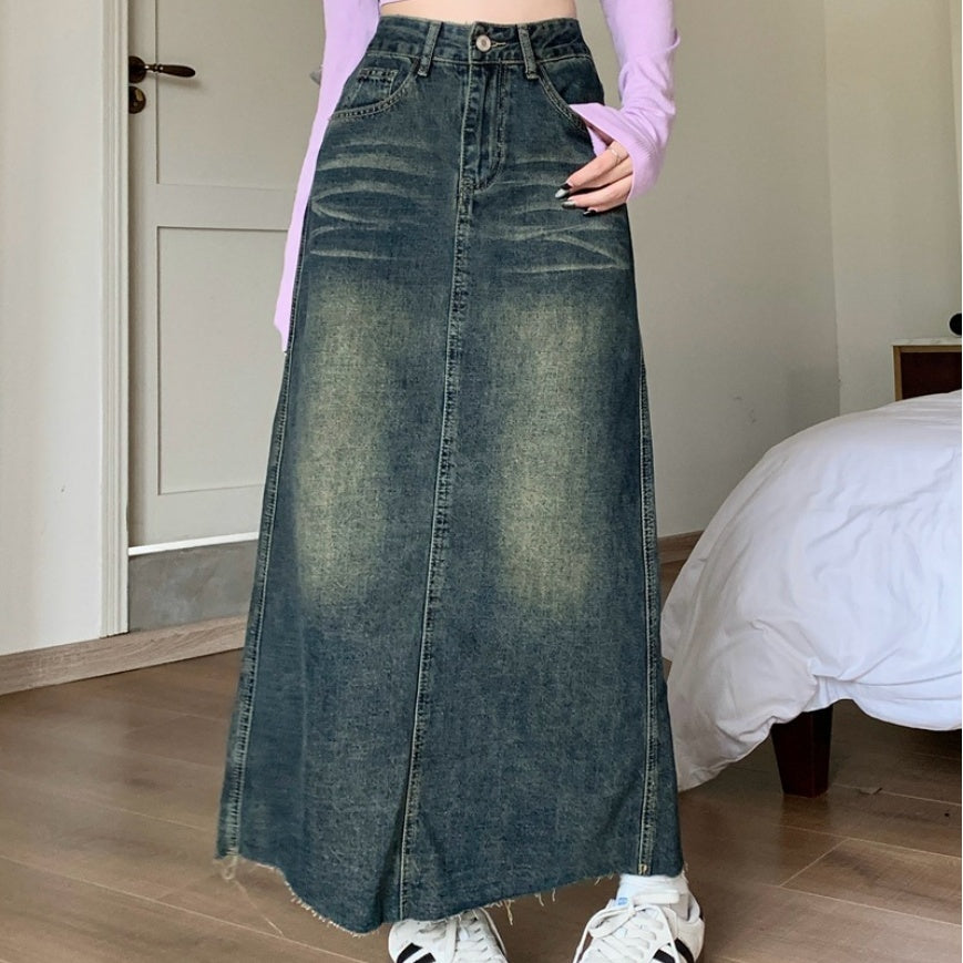 Retro High Waist Raw Hem Denim Skirt