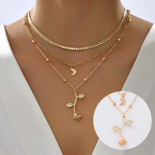 Bohemia Multilayer Moon & Rose Gold Pendant Necklace.