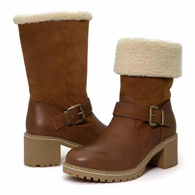 Fashion Buckle Chunky Heel Winter Boots – Warm Round Toe Western Boots for Women