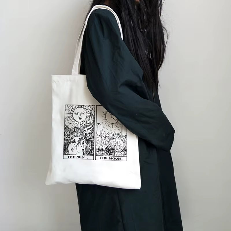 "Harajuku Vintage Sun Myth Canvas Shoulder Bag - Large Capacity Tote"