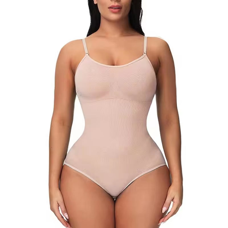 V-Neck Spaghetti Strap Compression Bodysuit with Open Crotch Shapewear for a Smooth Silhouette