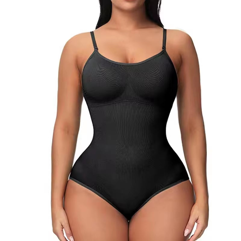 V-Neck Spaghetti Strap Compression Bodysuit with Open Crotch Shapewear for a Smooth Silhouette