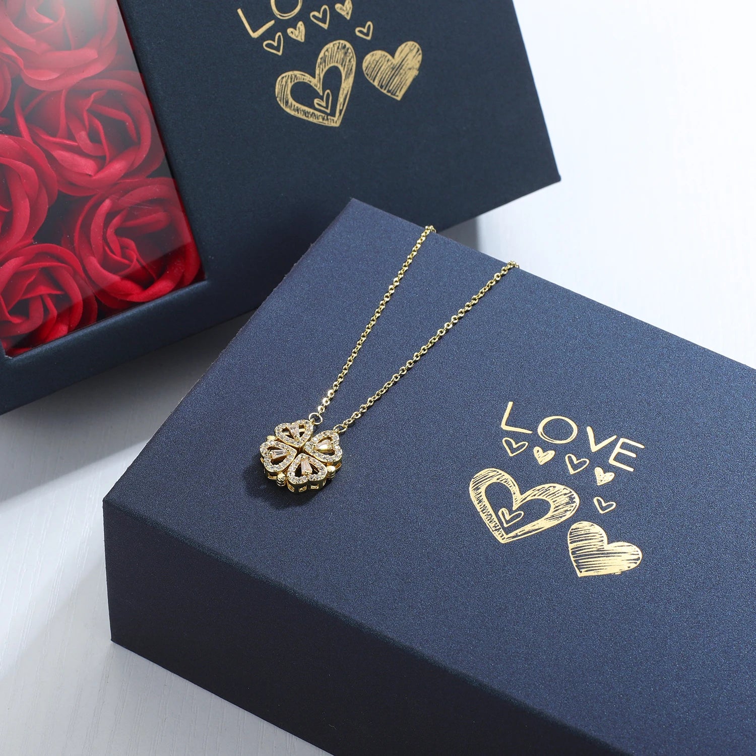 "Four-Leaf Clover Heart Necklace with Rose Gift Box"