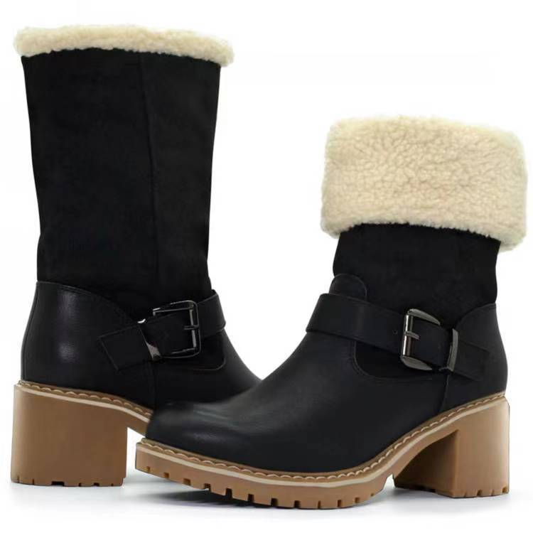 Fashion Buckle Chunky Heel Winter Boots – Warm Round Toe Western Boots for Women