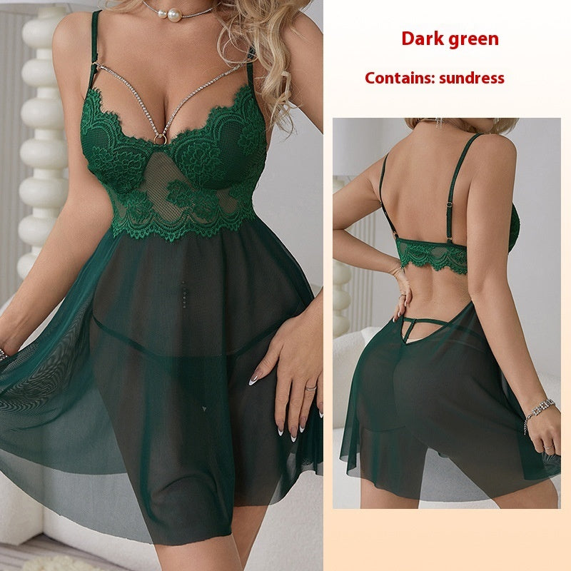 Seductive Lace Strap Hollow-Out See-Through Mesh Nightdress - Sexy Lingerie for Women"